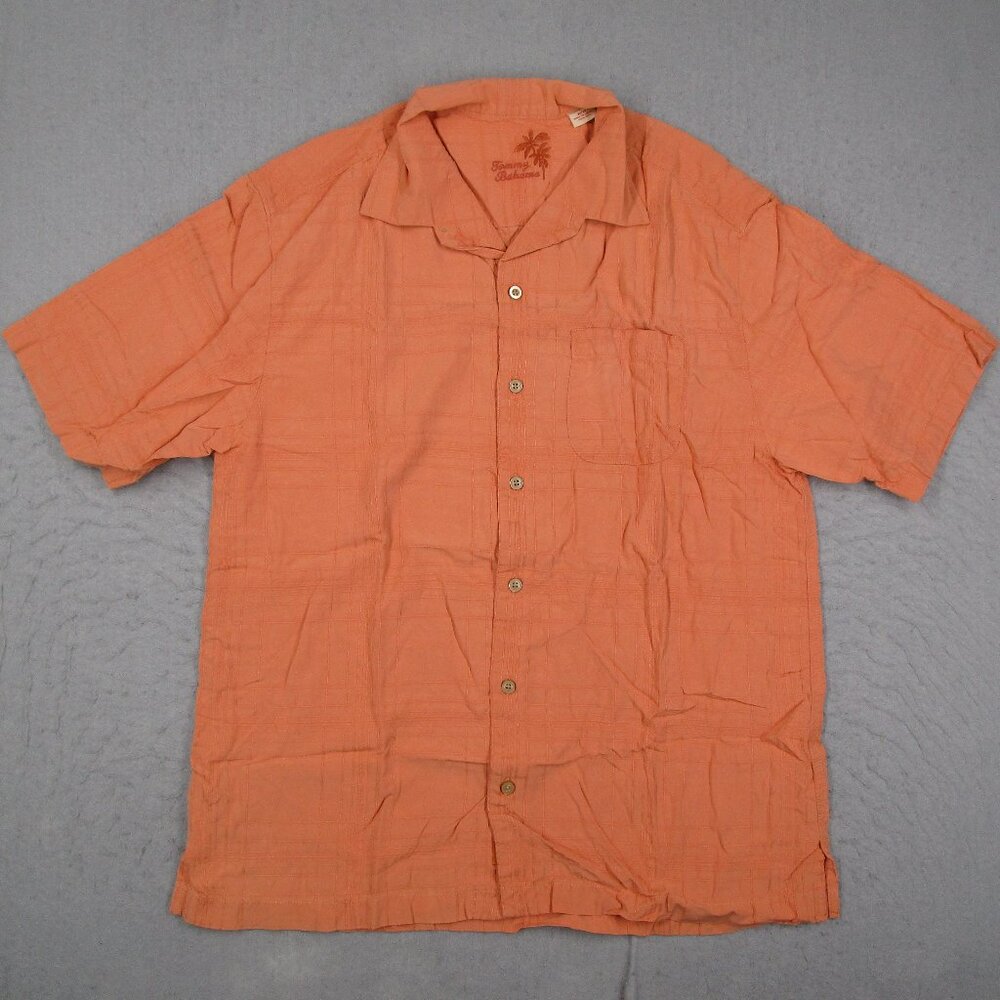 Tommy Bahama Shirt Mens Medium Orange Silk Hawaiian Button Up Short Sleeve Tiki